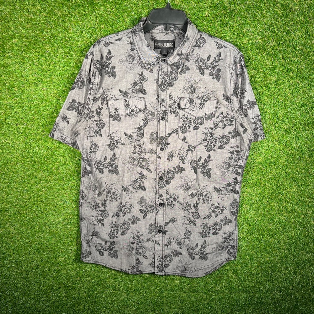 Subculture Mens Large Grey Black Floral Rose Short Sleeve Button Up Shirt 4654